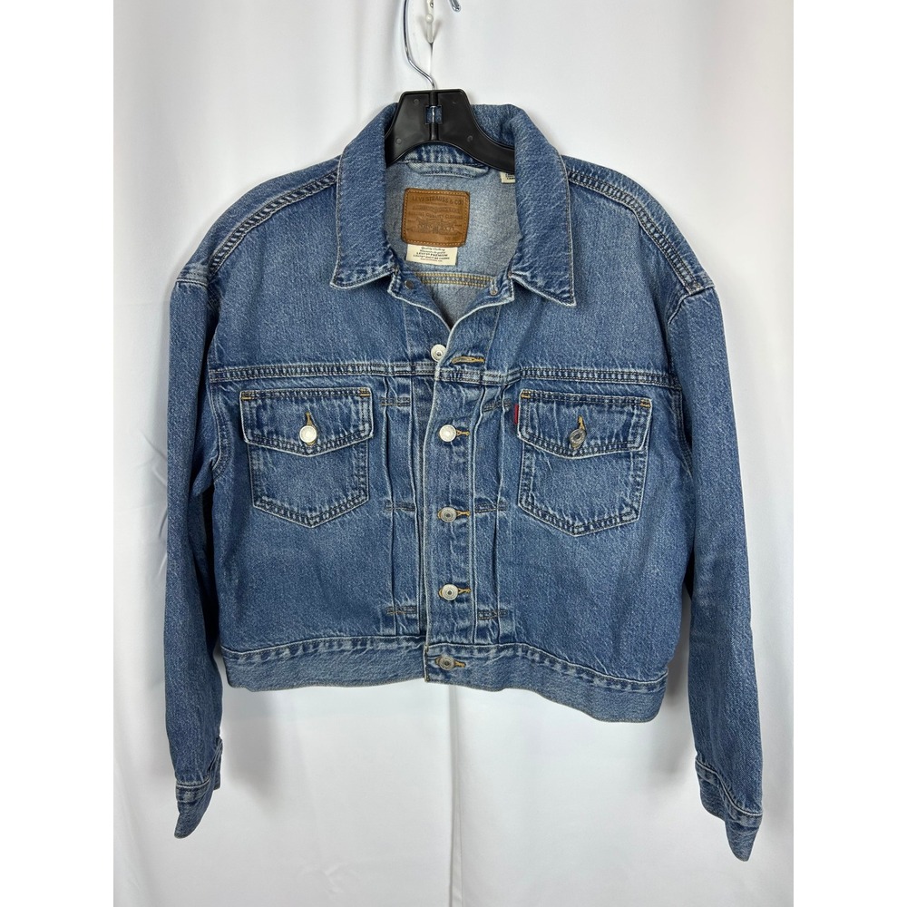 Levi's Premium Cropped Medium Wash Blue Denim Trucker Jacket Casual Western M